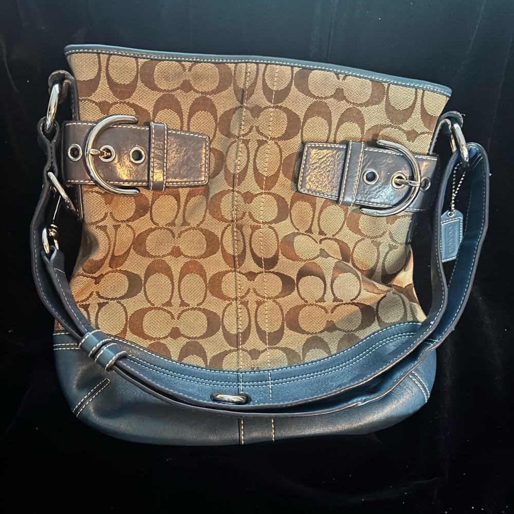Coach Brown and Blue Shoulder Bag with Signature Design